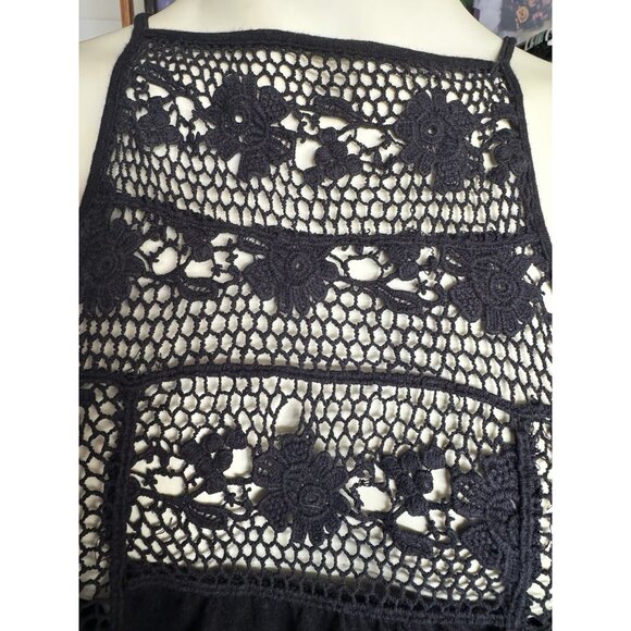 Free People XS TP Black Crochet Black Raw Hem Floral Sleeveless Top Open Back - Picture 4 of 12